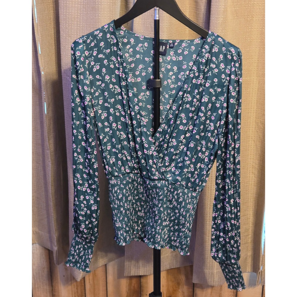 Gap Long Sleeve Smocked Waist V-Neck Floral Print Blouse Women's Size Small Tall